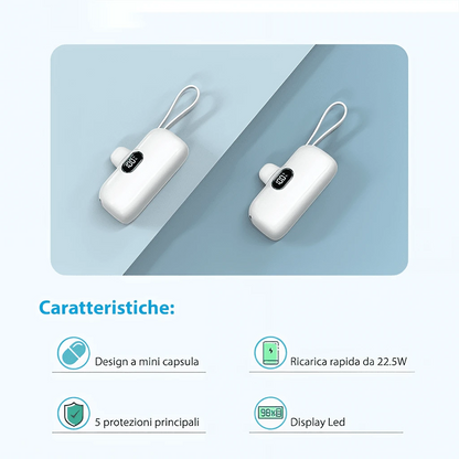 22.5W High Speed Charging Hiking Power Bank 5000mAh Capsule Design Charger With Attached Lightning & Type-C Connectors LED Power Indicator Plug-In Direct Phone Charge Dual Device Power Supply Pocket S