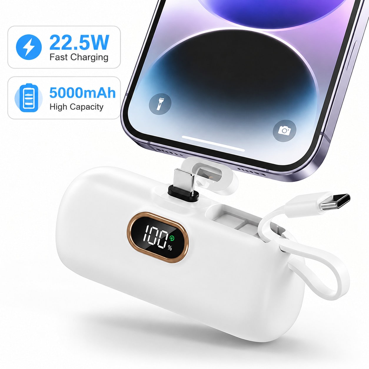 22.5W High Speed Charging Hiking Power Bank 5000mAh Capsule Design Charger With Attached Lightning & Type-C Connectors LED Power Indicator Plug-In Direct Phone Charge Dual Device Power Supply Pocket S