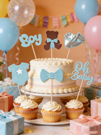 24/12pcs Gender Reveal Party Cupcake Toppers, Blue Cake Toppers, Glitter Boy Cupcake Toppers, Gender Reveal Theme Baby Shower Birthday Cake Decor, Baby Shower Supplies, Birthday Decoration, Strawberry