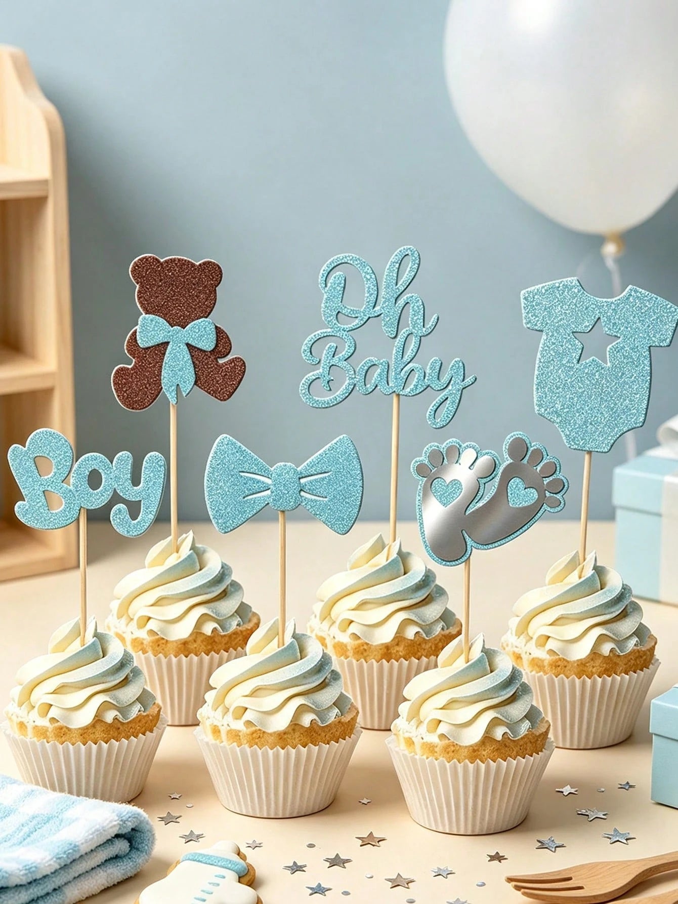 24/12pcs Gender Reveal Party Cupcake Toppers, Blue Cake Toppers, Glitter Boy Cupcake Toppers, Gender Reveal Theme Baby Shower Birthday Cake Decor, Baby Shower Supplies, Birthday Decoration, Strawberry