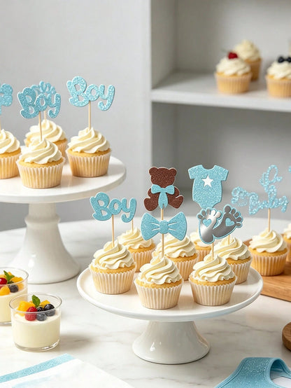 24/12pcs Gender Reveal Party Cupcake Toppers, Blue Cake Toppers, Glitter Boy Cupcake Toppers, Gender Reveal Theme Baby Shower Birthday Cake Decor, Baby Shower Supplies, Birthday Decoration, Strawberry