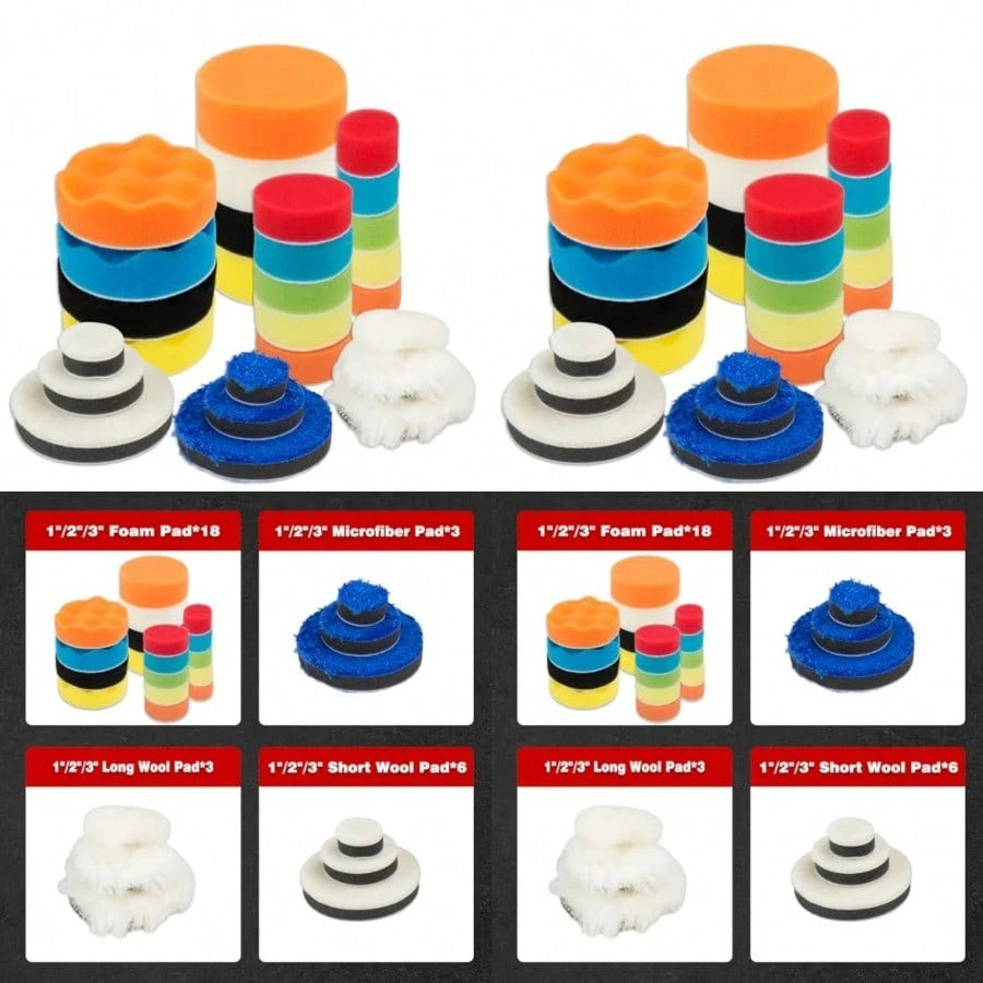 27pcs Body Repair Buffing And Polishing Pads 1/2/ 3inch Foam Polishing Pads, Woolen Polishing Pads, Microfiber Applicator Pads TLBP0601A Cordless Buffer Polisher