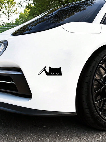 2D Flat Cat Peeking With Knife Vinyl Car Sticker, Cute Kitten Peeping Decal For Auto Truck Motorcycle Laptop Tablet Phone, Funny Animal Car Accessory, Cute Holiday Gift