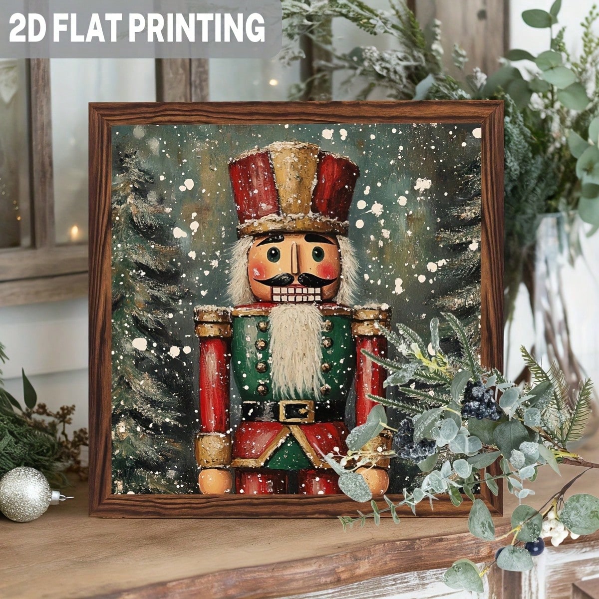 2D Flat, 1 Piece Vintage 8x8inch Faux Wood Frame Christmas Wall Decoration- Snowy Forest Gnomes And Mountain Scene, Red And Green Festive Colors, No Electricity Required, Rustic Farmhouse Style, Suit