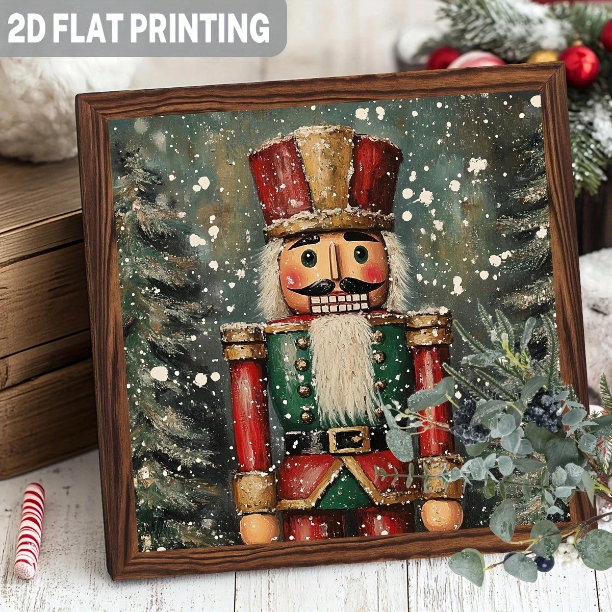 2D Flat, 1 Piece Vintage 8x8inch Faux Wood Frame Christmas Wall Decoration- Snowy Forest Gnomes And Mountain Scene, Red And Green Festive Colors, No Electricity Required, Rustic Farmhouse Style, Suit
