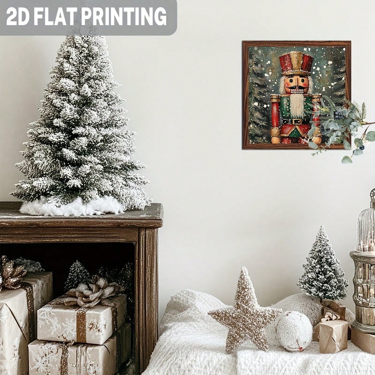 2D Flat, 1 Piece Vintage 8x8inch Faux Wood Frame Christmas Wall Decoration- Snowy Forest Gnomes And Mountain Scene, Red And Green Festive Colors, No Electricity Required, Rustic Farmhouse Style, Suit