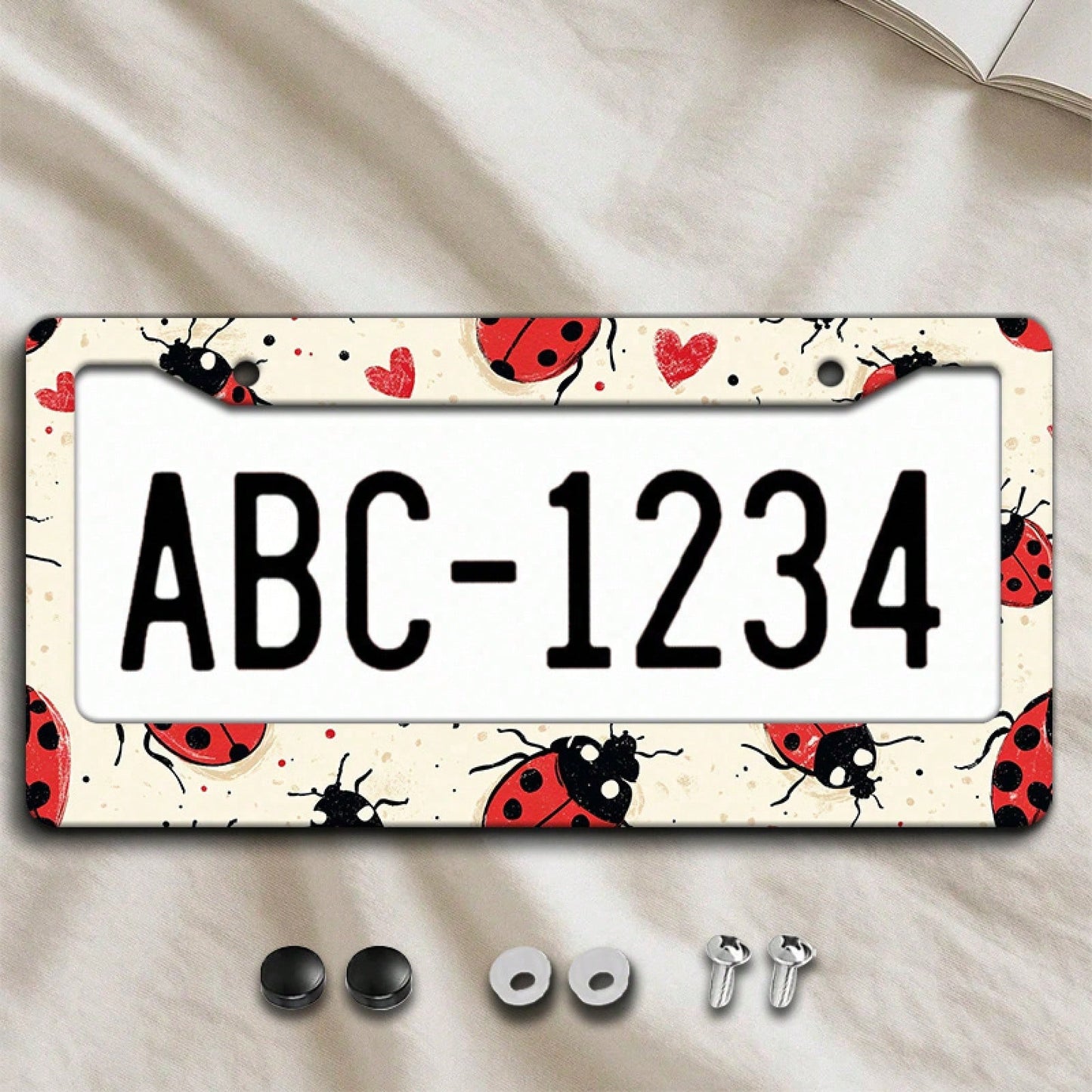 2D Plane 1. 12.2inch X 6.3inch Creative License Plate Frame| Red And Black Ladybug Pattern Design, Universal Material, Stylish Car Decoration, An Ideal Choice For Car Enthusiasts, Includes Instal