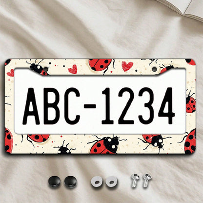 2D Plane 1. 12.2inch X 6.3inch Creative License Plate Frame| Red And Black Ladybug Pattern Design, Universal Material, Stylish Car Decoration, An Ideal Choice For Car Enthusiasts, Includes Instal