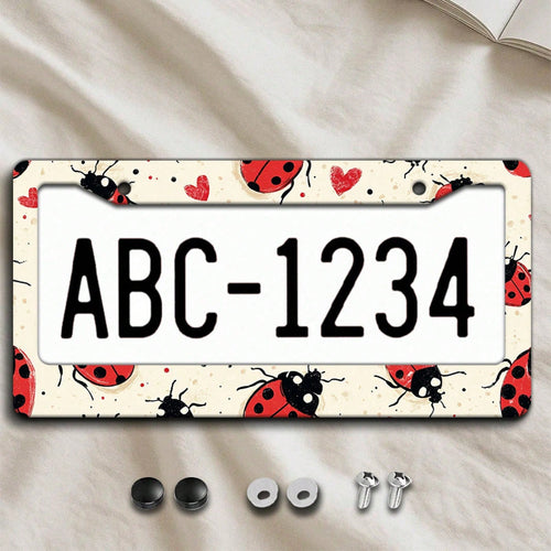 2D Plane 1. 12.2inch X 6.3inch Creative License Plate Frame| Red And Black Ladybug Pattern Design, Universal Material, Stylish Car Decoration, An Ideal Choice For Car Enthusiasts, Includes Instal
