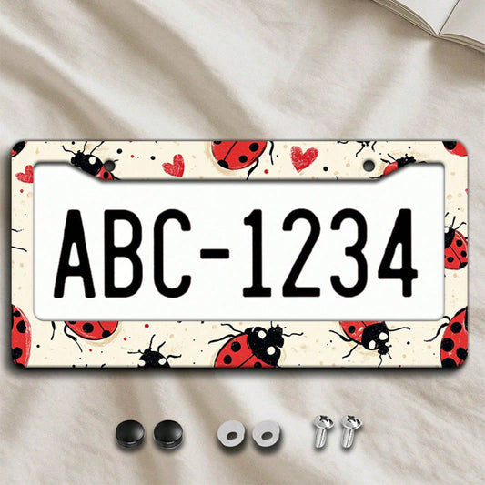 2D Plane 1. 12.2inch X 6.3inch Creative License Plate Frame| Red And Black Ladybug Pattern Design, Universal Material, Stylish Car Decoration, An Ideal Choice For Car Enthusiasts, Includes Instal
