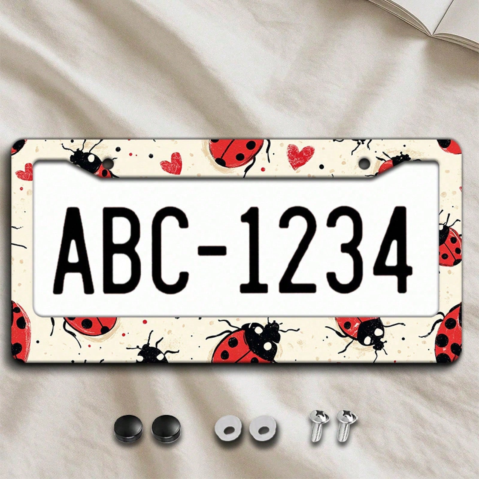 2D Plane 1. 12.2inch X 6.3inch Creative License Plate Frame| Red And Black Ladybug Pattern Design, Universal Material, Stylish Car Decoration, An Ideal Choice For Car Enthusiasts, Includes Instal