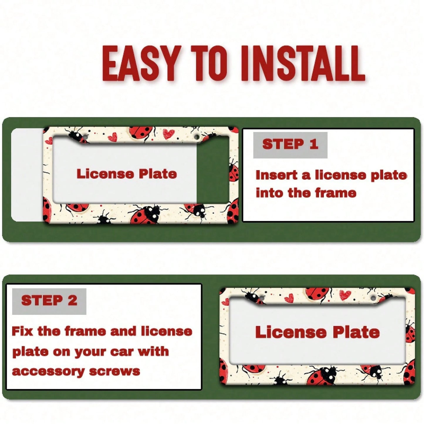 2D Plane 1. 12.2inch X 6.3inch Creative License Plate Frame| Red And Black Ladybug Pattern Design, Universal Material, Stylish Car Decoration, An Ideal Choice For Car Enthusiasts, Includes Instal