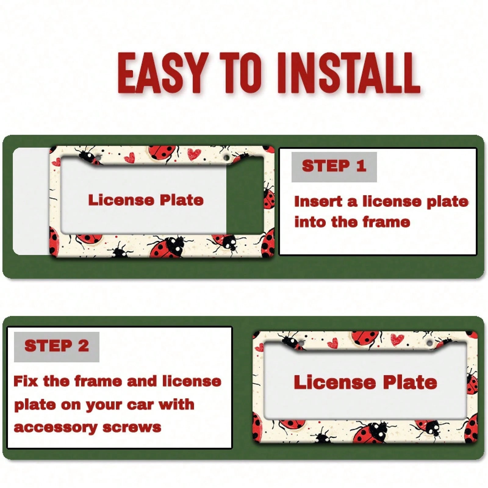2D Plane 1. 12.2inch X 6.3inch Creative License Plate Frame| Red And Black Ladybug Pattern Design, Universal Material, Stylish Car Decoration, An Ideal Choice For Car Enthusiasts, Includes Instal