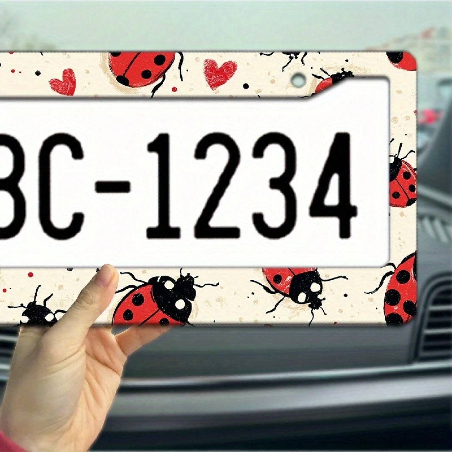 2D Plane 1. 12.2inch X 6.3inch Creative License Plate Frame| Red And Black Ladybug Pattern Design, Universal Material, Stylish Car Decoration, An Ideal Choice For Car Enthusiasts, Includes Instal