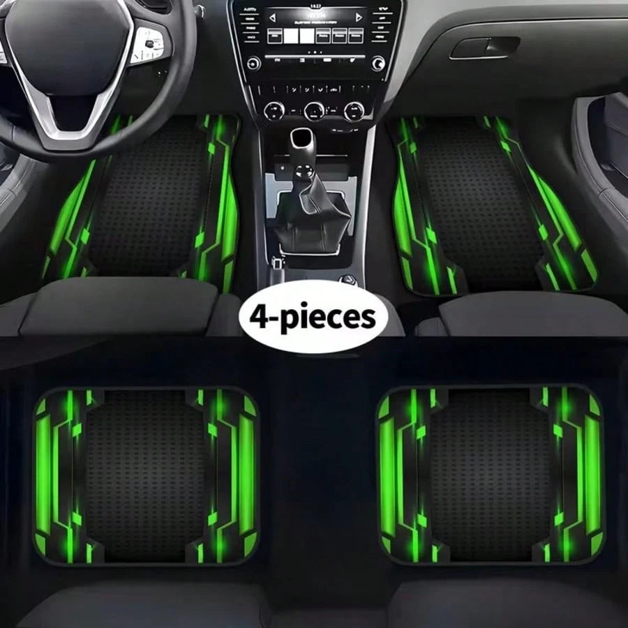 2D, 4-Piece Set High-End Tech Green Edge Background Print Car Floor Mats- Easy To Clean And Maintain, Suitable For Driver's Seat Decoration And Protection Accessories, Fashionable And Modern Interior