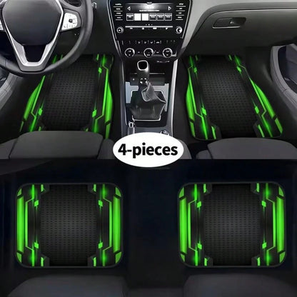 2D, 4-Piece Set High-End Tech Green Edge Background Print Car Floor Mats- Easy To Clean And Maintain, Suitable For Driver's Seat Decoration And Protection Accessories, Fashionable And Modern Interior