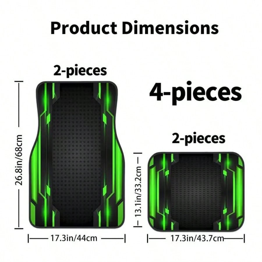 2D, 4-Piece Set High-End Tech Green Edge Background Print Car Floor Mats- Easy To Clean And Maintain, Suitable For Driver's Seat Decoration And Protection Accessories, Fashionable And Modern Interior