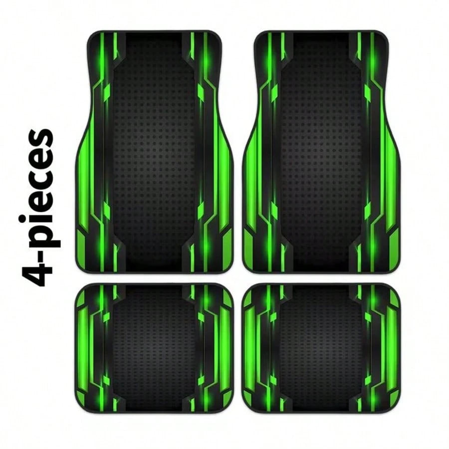 2D, 4-Piece Set High-End Tech Green Edge Background Print Car Floor Mats- Easy To Clean And Maintain, Suitable For Driver's Seat Decoration And Protection Accessories, Fashionable And Modern Interior