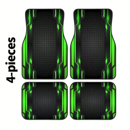 2D, 4-Piece Set High-End Tech Green Edge Background Print Car Floor Mats- Easy To Clean And Maintain, Suitable For Driver's Seat Decoration And Protection Accessories, Fashionable And Modern Interior