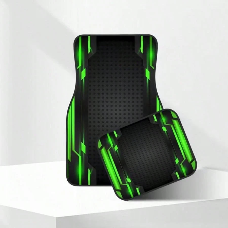 2D, 4-Piece Set High-End Tech Green Edge Background Print Car Floor Mats- Easy To Clean And Maintain, Suitable For Driver's Seat Decoration And Protection Accessories, Fashionable And Modern Interior