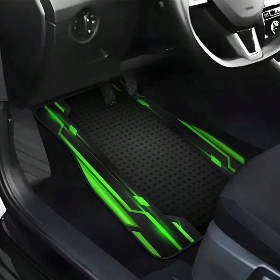 2D, 4-Piece Set High-End Tech Green Edge Background Print Car Floor Mats- Easy To Clean And Maintain, Suitable For Driver's Seat Decoration And Protection Accessories, Fashionable And Modern Interior