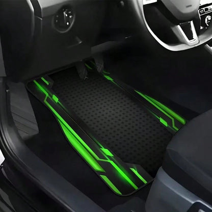 2D, 4-Piece Set High-End Tech Green Edge Background Print Car Floor Mats- Easy To Clean And Maintain, Suitable For Driver's Seat Decoration And Protection Accessories, Fashionable And Modern Interior