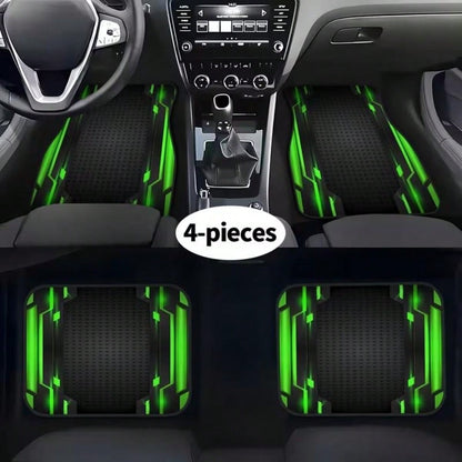 2D, 4-Piece Set High-End Tech Green Edge Background Print Car Floor Mats- Easy To Clean And Maintain, Suitable For Driver's Seat Decoration And Protection Accessories, Fashionable And Modern Interior