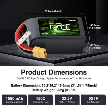 2Pack Ovonic Force 6S 1550mAh 150C 22.2V LiPo Battery w/ XT60 Plug for Aggressive FPV Freestyle & 7-inch Mid-Range Quad