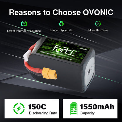 2Pack Ovonic Force 6S 1550mAh 150C 22.2V LiPo Battery w/ XT60 Plug for Aggressive FPV Freestyle & 7-inch Mid-Range Quad