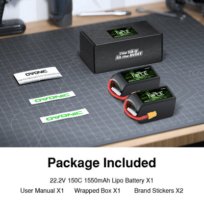 2Pack Ovonic Force 6S 1550mAh 150C 22.2V LiPo Battery w/ XT60 Plug for Aggressive FPV Freestyle & 7-inch Mid-Range Quad
