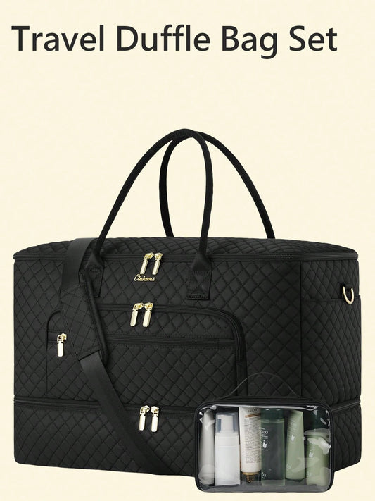 2pc Fashion Versatile Travel Duffle Bag Set, Wide Open Large Weekender Bag For Women With Shoe Compartment, Carry On Overnight Bag With Toiletry Bag
