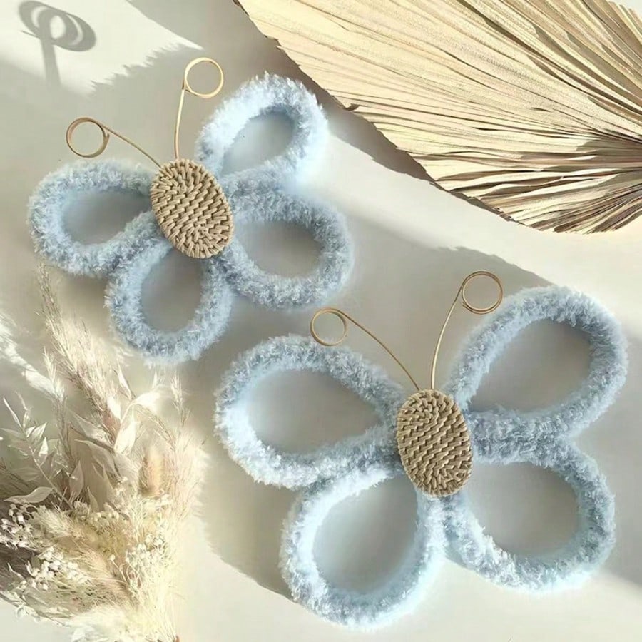 2pcs 3D Handmade Woven Butterfly Wall Decor, Nordic Boho Style! Cute Wall Hanging Ornaments For Kids Room, Living Room, Bedroom, Home Decor, Daily & Holiday, Shopping Mall Atmosphere Props, Create A C