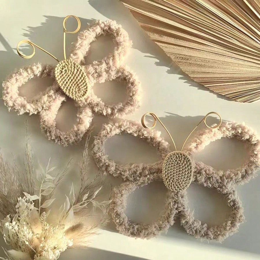 2pcs 3D Handmade Woven Butterfly Wall Decor, Nordic Boho Style! Cute Wall Hanging Ornaments For Kids Room, Living Room, Bedroom, Home Decor, Daily & Holiday, Shopping Mall Atmosphere Props, Create A C