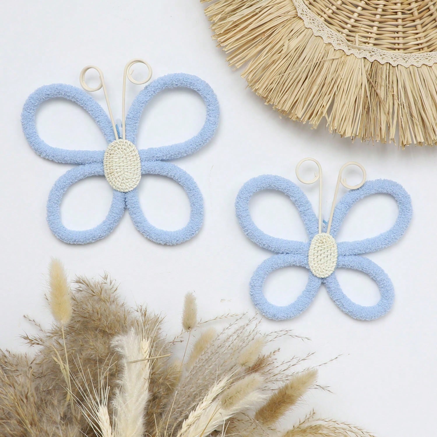 2pcs 3D Handmade Woven Butterfly Wall Decor, Nordic Boho Style! Cute Wall Hanging Ornaments For Kids Room, Living Room, Bedroom, Home Decor, Daily & Holiday, Shopping Mall Atmosphere Props, Create A C