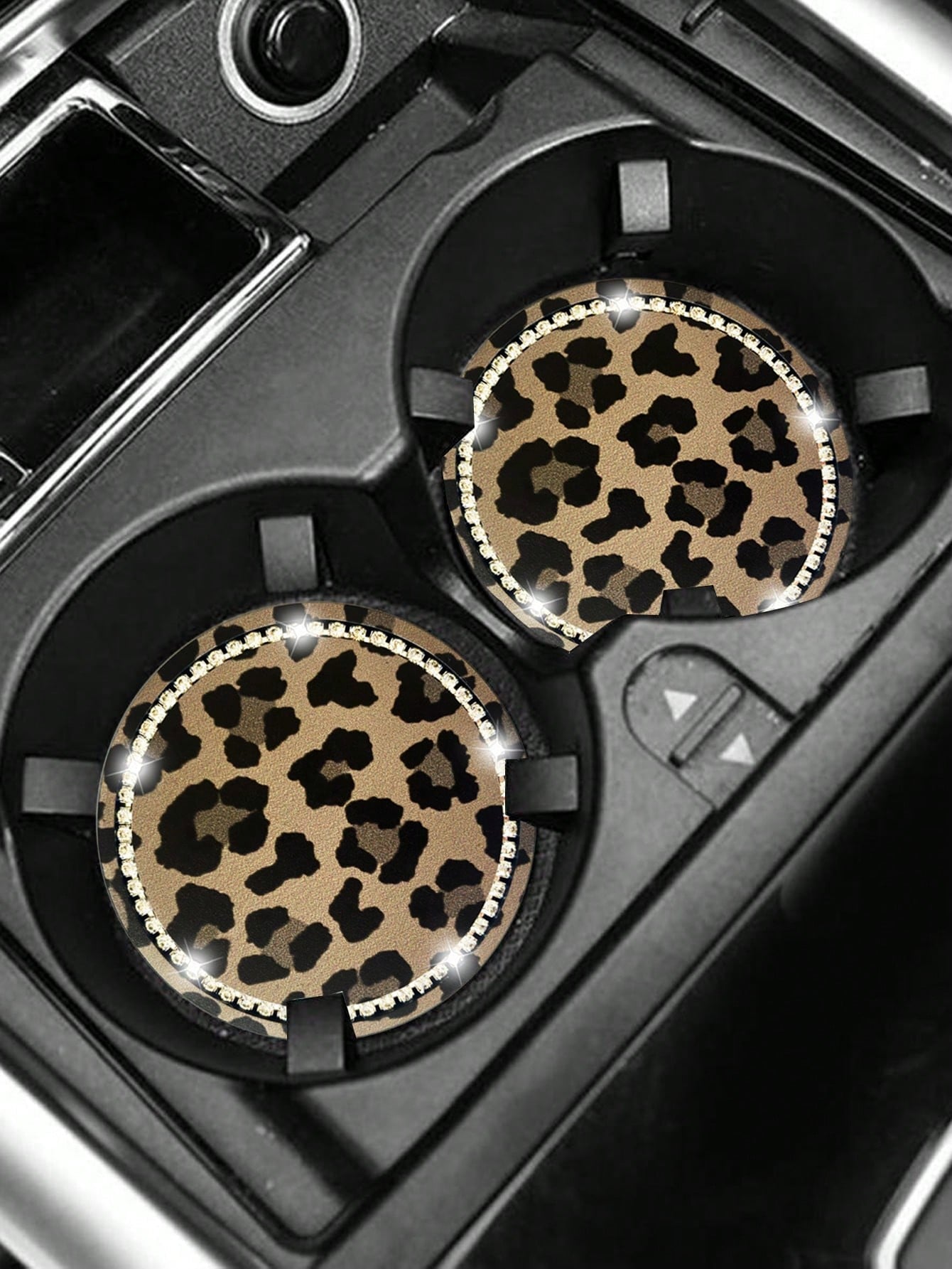 2pcs 7cm Diameter Rhinestone Leopard Print Anti-Slip Silicone Cup Coasters For Car, Bling Car Cup Holder Mats, Diamond Rim Car Coaster, Universal Car Cup Coaster, Silicone Drink Coaster, For Auto Inte