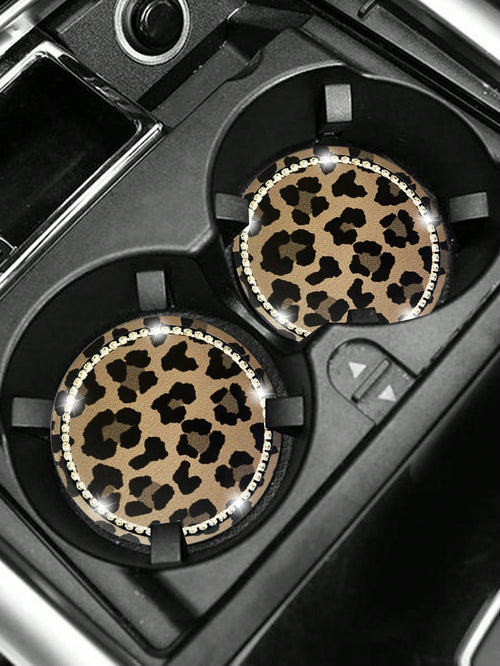 2pcs 7cm Diameter Rhinestone Leopard Print Anti-Slip Silicone Cup Coasters For Car, Bling Car Cup Holder Mats, Diamond Rim Car Coaster, Universal Car Cup Coaster, Silicone Drink Coaster, For Auto Inte