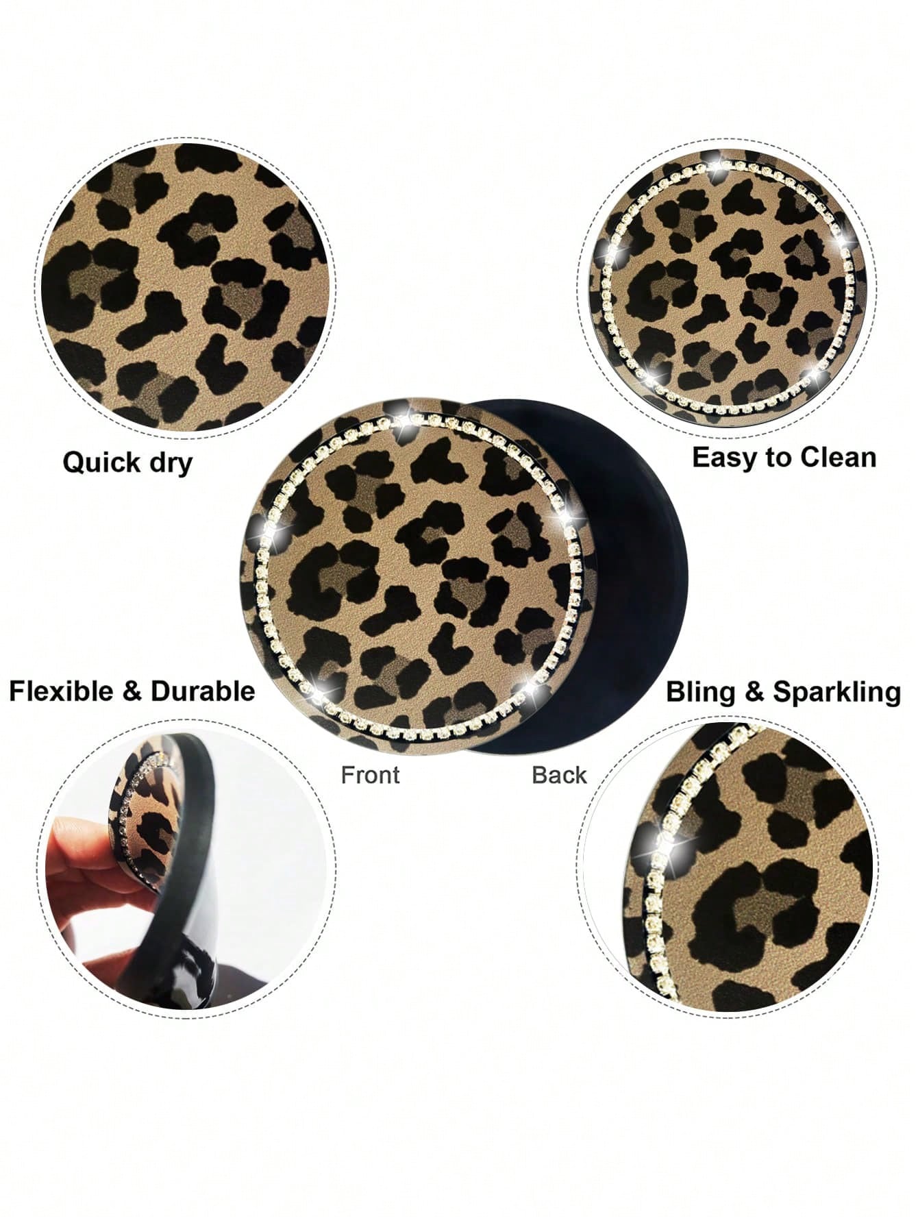 2pcs 7cm Diameter Rhinestone Leopard Print Anti-Slip Silicone Cup Coasters For Car, Bling Car Cup Holder Mats, Diamond Rim Car Coaster, Universal Car Cup Coaster, Silicone Drink Coaster, For Auto Inte