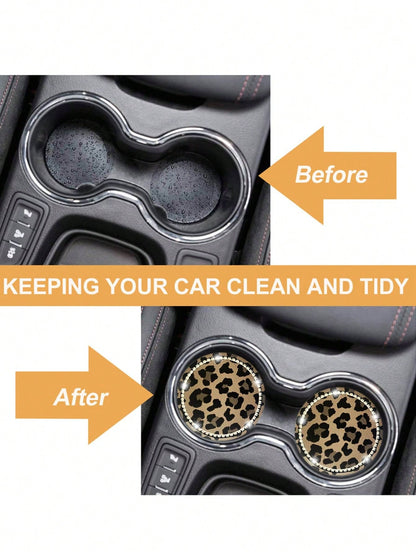 2pcs 7cm Diameter Rhinestone Leopard Print Anti-Slip Silicone Cup Coasters For Car, Bling Car Cup Holder Mats, Diamond Rim Car Coaster, Universal Car Cup Coaster, Silicone Drink Coaster, For Auto Inte