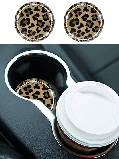 2pcs 7cm Diameter Rhinestone Leopard Print Anti-Slip Silicone Cup Coasters For Car, Bling Car Cup Holder Mats, Diamond Rim Car Coaster, Universal Car Cup Coaster, Silicone Drink Coaster, For Auto Inte