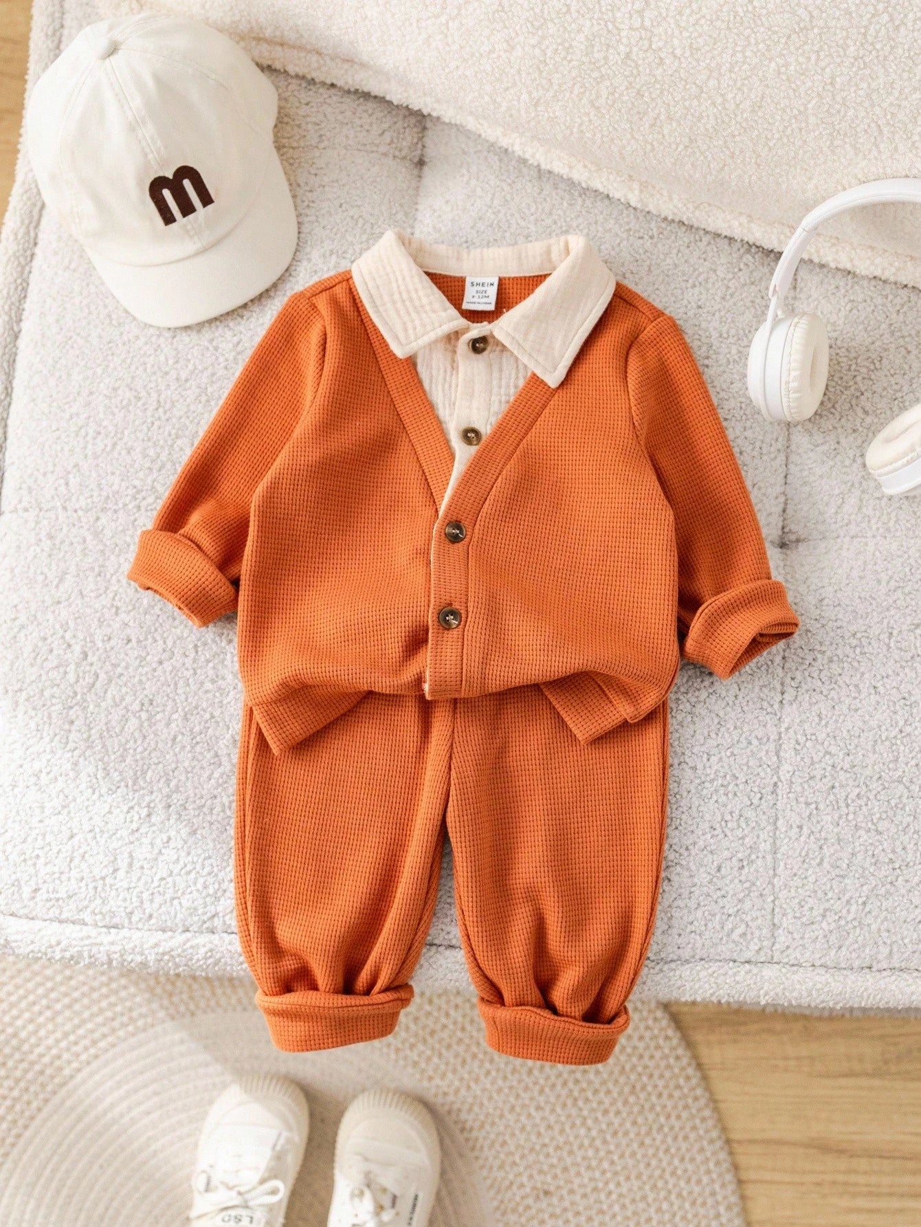 2pcs Baby Boy Autumn/Winter Cute Knitted 2 In 1 Long Sleeve Top & Elastic Pants Set,Burnt Orange,Autumn,Modest,Matching Family,Back-To-School Wedding