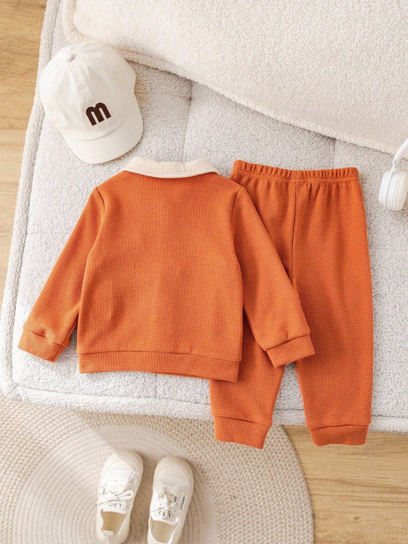 2pcs Baby Boy Autumn/Winter Cute Knitted 2 In 1 Long Sleeve Top & Elastic Pants Set,Burnt Orange,Autumn,Modest,Matching Family,Back-To-School Wedding