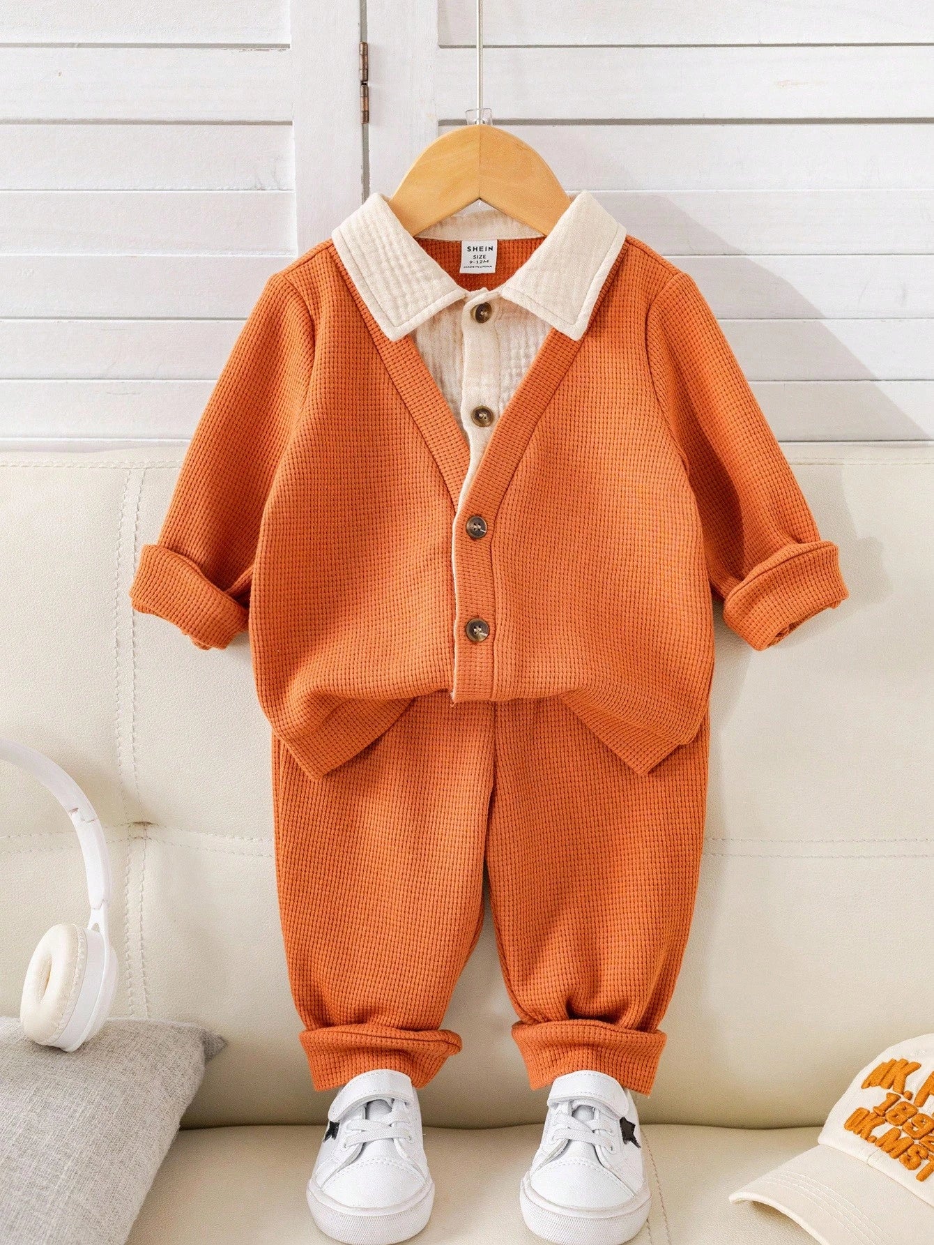2pcs Baby Boy Autumn/Winter Cute Knitted 2 In 1 Long Sleeve Top & Elastic Pants Set,Burnt Orange,Autumn,Modest,Matching Family,Back-To-School Wedding