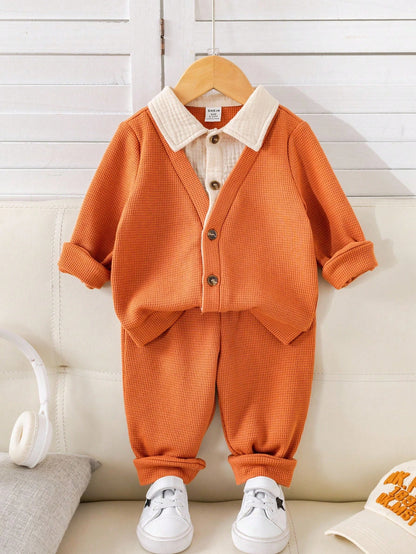 2pcs Baby Boy Autumn/Winter Cute Knitted 2 In 1 Long Sleeve Top & Elastic Pants Set,Burnt Orange,Autumn,Modest,Matching Family,Back-To-School Wedding