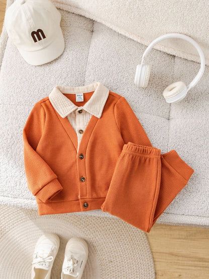 2pcs Baby Boy Autumn/Winter Cute Knitted 2 In 1 Long Sleeve Top & Elastic Pants Set,Burnt Orange,Autumn,Modest,Matching Family,Back-To-School Wedding