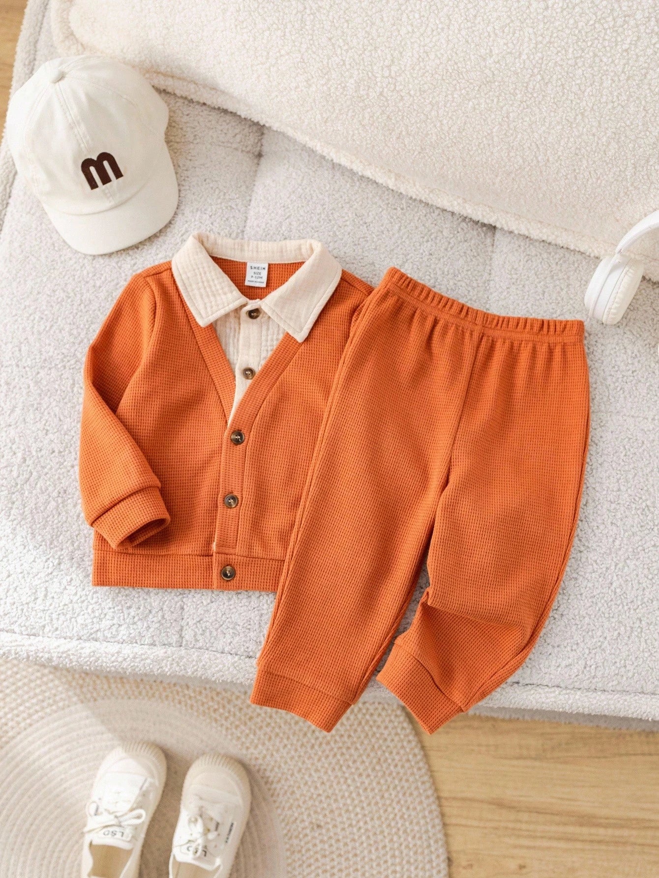 2pcs Baby Boy Autumn/Winter Cute Knitted 2 In 1 Long Sleeve Top & Elastic Pants Set,Burnt Orange,Autumn,Modest,Matching Family,Back-To-School Wedding