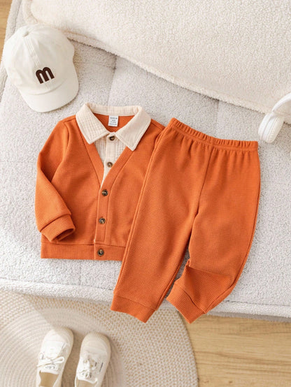 2pcs Baby Boy Autumn/Winter Cute Knitted 2 In 1 Long Sleeve Top & Elastic Pants Set,Burnt Orange,Autumn,Modest,Matching Family,Back-To-School Wedding