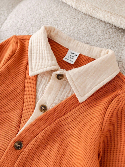 2pcs Baby Boy Autumn/Winter Cute Knitted 2 In 1 Long Sleeve Top & Elastic Pants Set,Burnt Orange,Autumn,Modest,Matching Family,Back-To-School Wedding
