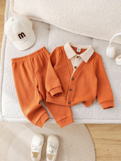 2pcs Baby Boy Autumn/Winter Cute Knitted 2 In 1 Long Sleeve Top & Elastic Pants Set,Burnt Orange,Autumn,Modest,Matching Family,Back-To-School Wedding