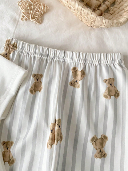 2pcs Baby Boy Cute Bear Print Gray&White Striped Short Sleeve Top And Pants Pajama Set,Summer Family Matching,Brown And White Polka Dot Sleepwear