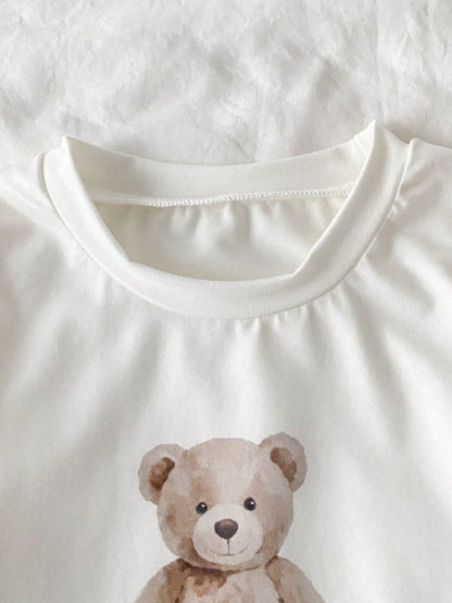 2pcs Baby Boy Cute Bear Print Gray&White Striped Short Sleeve Top And Pants Pajama Set,Summer Family Matching,Brown And White Polka Dot Sleepwear